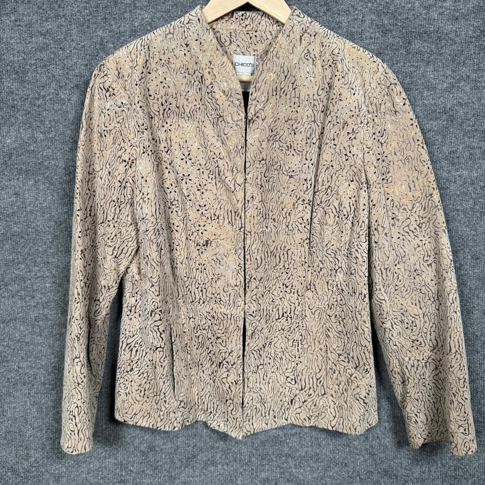 Chico's‎ Womens Large 12 Genuine Leather Jacket Beige Animal Print Side Pockets
